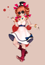 Rule 34 | 1girl, aoshima, bangle, bare arms, black hat, boots, bow, bracelet, breasts, dress, drill hair, earrings, full body, grin, hair ribbon, hat, hat bow, highres, jewelry, looking at viewer, medium breasts, nail polish, necklace, orange eyes, orange hair, red footwear, red ribbon, ribbon, ring, sash, sharp teeth, short dress, simple background, smile, solo, standing, sunglasses, teeth, top hat, touhou, twin drills, white bow, white dress, white nails, yorigami jo&#039;on