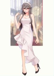 Rule 34 | 1girl, alternate costume, bare shoulders, black footwear, black hair, brown eyes, dress, full body, hair between eyes, hair ornament, hairclip, haruna (kancolle), high heels, highres, jewelry, kantai collection, kozu (bloomme1 me), long hair, looking at viewer, necklace, pearl necklace, solo, sparkle, white dress, white hair