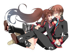 Rule 34 | 1boy, 1girl, bow, brother and sister, brown hair, eye contact, green necktie, hano haruka, hetero, holding hands, little busters!, long hair, looking at another, natsume kyousuke, natsume rin, necktie, pink bow, plaid, plaid skirt, ponytail, red eyes, school uniform, shoes, siblings, simple background, skirt, sneakers, white background