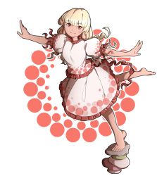 Rule 34 | 1girl, barefoot, blonde hair, brown eyes, dress, earlobes, ebisu eika, frilled shirt, frilled shirt collar, frilled skirt, frills, highres, long hair, looking at viewer, mefomefo, open mouth, puffy short sleeves, puffy sleeves, rock, shirt, short sleeves, skirt, smile, solo, stone, touhou