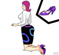 Rule 34 | 1girl, barefoot, black eyes, cum, feet, laogong, long hair, looking at viewer, mature female, purple hair, shoes, unworn shoes, single shoe, soles, toes