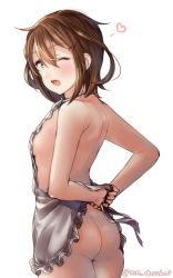 Rule 34 | 1girl, apron, ass, bad id, bad twitter id, blush, breasts, brown eyes, brown hair, hair between eyes, hair ornament, hairclip, heart, ikazuchi (kancolle), juurouta, kantai collection, medium hair, naked apron, one eye closed, open mouth, simple background, small breasts, solo, underwear, undressing, white apron, white background