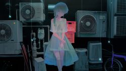 Rule 34 | 1girl, absurdres, air conditioner, aqua eyes, aqua hair, banishment, bicycle, collarbone, commentary, contrast, dark, doll joints, dress, highres, huge filesize, joints, long hair, looking at viewer, original, solo, star (symbol), trash can, white dress