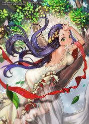 Rule 34 | 1girl, back, backless dress, backless outfit, dress, green eyes, hair ornament, jewelry, leaf, long hair, lying, on stomach, original, purple hair, see-through, solo, soojie roh, tree