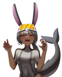 Rule 34 | absurdres, animal ears, azuri909, bodysuit, commission, commissioner upload, fins, fish tail, goggles, goggles on head, greyscale, highres, indie virtual youtuber, monochrome, multicolored hair, original, rabbit ears, shark tail, sharkabbit, sharp teeth, tail, teeth, two-tone hair, virtual youtuber