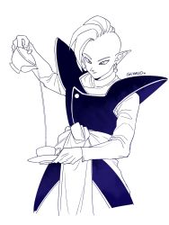Rule 34 | 10s, 1boy, black theme, blue theme, cowboy shot, cup, decanting, dragon ball, dragon ball super, earrings, expressionless, fingernails, highres, jewelry, long sleeves, looking down, male focus, mohawk, monochrome, pointy ears, potara earrings, pouring, saucer, simple background, solo, tama azusa hatsu, teacup, teapot, twitter username, upper body, white background, zamasu