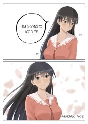 1girl azumanga_daioh&#039;s_school_uniform azumanga_daiou black_hair english_text highres i&#039;m_gonna_act_super_cute_(meme) long_hair long_sleeves looking_at_viewer meme naoyuki_arts neck_ribbon pink_serafuku pink_shirt ribbon sailor_collar sakaki_(azumanga_daioh) school_uniform serafuku shirt shy smile twitter_username white_sailor_collar