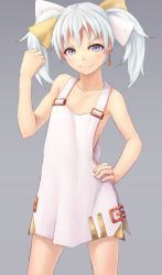 Rule 34 | 10s, 1girl, bare shoulders, blush, dress, earrings, hair ribbon, hand on own hip, jewelry, kurione (zassou), looking at viewer, ribbon, grey eyes, sleeveless, smile, solo, tama (wixoss), twintails, white dress, white hair, wixoss