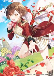 Rule 34 | 1girl, :d, alternate costume, bouquet, brown eyes, brown hair, crypton future media, dress, flower, hair ornament, holding, holding bouquet, holding flower, long sleeves, maro (nikeneko523), meiko (vocaloid), musical note, open mouth, outdoors, outstretched hand, petals, red dress, red flower, red rose, ribbon, rose, short hair, smile, solo, vocaloid