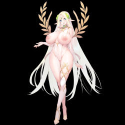 Rule 34 | 1girl, bare shoulders, black background, blonde hair, blue eyes, blush, breasts, breasts apart, bridal gauntlets, cameltoe, cerestia of life, circlet, cleft of venus, clothing cutout, detached collar, elf, feet, female focus, full body, functionally nude, groin, hair ornament, hand up, head tilt, huge breasts, lactation, large areolae, last origin, legs, long hair, looking at viewer, milk, navel, navel cutout, nipples, open mouth, pointy ears, puffy nipples, pussy, pussy juice, pussy juice trail, revealing clothes, single thighhigh, smile, snowball22, solo, standing, tachi-e, thighhighs, thighs, third-party edit, uncensored, very long hair, wet