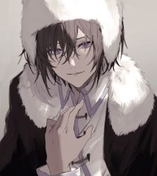 Rule 34 | 1boy, black cape, black hair, bungou stray dogs, cape, collared shirt, commentary, fingernails, fur collar, fur hat, fyodor dostoyevsky (bungou stray dogs), grey background, hat, highres, long sleeves, looking at viewer, male focus, nozz177, parted lips, purple eyes, shirt, simple background, smile, solo, upper body, ushanka, white hat, white shirt