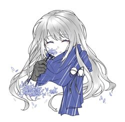 Rule 34 | 1girl, ayano1537564942, bkornblume, black gloves, blue flower, blue scarf, closed eyes, closed mouth, cornflower, facing viewer, flower, gloves, hand up, highres, long hair, portrait, reverse:1999, scarf, simple background, smile, solo, very long hair, white background, white hair