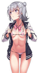 Rule 34 | 1girl, bikini, blazer, bow, bowtie, breasts, cowboy shot, double bun, frown, groin, hair bun, hair ornament, hairclip, highres, jacket, konnyaku (kk-monmon), long sleeves, looking away, micro bikini, navel, open clothes, open jacket, original, parted lips, pink bow, pink bowtie, purple eyes, short hair, silver hair, simple background, small breasts, solo, stomach, string bikini, striped bikini, striped clothes, swimsuit, thighs, white background
