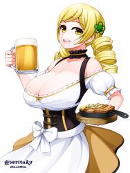 Rule 34 | 10s, 1girl, :d, beer mug, blonde hair, breasts, cleavage, cup, dirndl, drill hair, german clothes, huge breasts, long hair, looking at viewer, mahou shoujo madoka magica, mahou shoujo madoka magica (anime), mug, oktoberfest, open mouth, simple background, smile, solo, tomoe mami, torigoe takumi, twin drills, white background