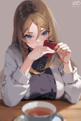 Rule 34 | 1girl, alternate costume, artist logo, black shirt, blonde hair, blue eyes, blurry, breasts, cup, depth of field, grey background, grey jacket, haruto (harut n), jacket, kantai collection, large breasts, long hair, mug, nelson (kancolle), one-hour drawing challenge, shirt, simple background, solo, teacup, upper body