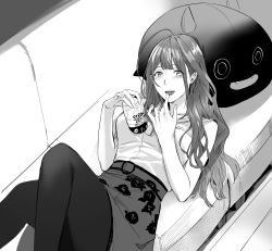 Rule 34 | 1girl, absurdres, ahoge, artist request, beer can, can, commentary request, couch, debi tarou, drink can, greyscale, highres, idolmaster, idolmaster shiny colors, kuwayama chiyuki, long hair, looking at viewer, lying, monochrome, on back, pantyhose, print skirt, shirt, skirt, sleeveless, sleeveless shirt, solo, stuffed toy