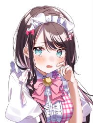 Rule 34 | 1girl, aqua eyes, bell, black hair, blush, bow, buttons, collar, collared shirt, crying, fang, fingernails, frills, hair between eyes, hand on own face, highres, kaga nazuna, long hair, looking at viewer, maid headdress, mole, mole under eye, multicolored hair, neck bell, open mouth, pink bow, pink hair, plaid, pome charo, puffy sleeves, shirt, short sleeves, simple background, solo, tearing up, tears, two-tone hair, upper body, virtual youtuber, vspo!, white background, white shirt