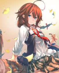 Rule 34 | 1girl, ahoge, autumn leaves, black skirt, blue eyes, braid, brown hair, commentary request, cowboy shot, dress shirt, unworn eyewear, frilled shirt, frilled skirt, frills, hair flaps, hair ornament, hair over shoulder, highres, jewelry, kantai collection, log, long hair, long sleeves, necklace, necktie, plaid, plaid skirt, pleated skirt, red necktie, shigure (kancolle), shigure kai ni (kancolle), shirt, single braid, skirt, solo, sunday aki, sunglasses, white shirt