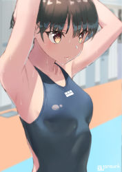 Rule 34 | 1girl, armpits, arms behind back, blue one-piece swimsuit, brown hair, closed mouth, commentary request, competition swimsuit, highres, jonsun, looking away, one-piece swimsuit, original, short hair, solo, swimsuit, twitter username, upper body, wet, yellow eyes