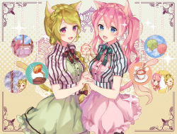 Rule 34 | ahoge, animal ears, blue eyes, bow, braid, cat ears, cat tail, center frills, copyright name, cup, food, framed, frills, green hair, green nails, green skirt, hair bow, highres, holding hands, hoonyan, interlocked fingers, kisaragi kozue, muffin, nail polish, neck ribbon, nekoyashiki pushio, open mouth, pantyhose, phonograph, pink hair, pink nails, pink skirt, plate, rain, red eyes, ribbon, shirt, sieste cat, single braid, skirt, smile, sparkle, striped clothes, striped shirt, table, tail, teacup, twintails, umbrella, vase