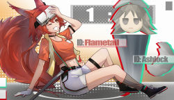 Rule 34 | 1girl, absurdres, animal ears, arknights, ashlock (arknights), black choker, black footwear, character name, choker, commentary request, crop top, flametail (arknights), flametail (sport for all) (arknights), grey legwear, grin, head-mounted display, highres, large tail, long hair, midriff, navel, official alternate costume, one eye closed, orange eyes, orange shirt, partial commentary, red hair, scabbard, sheath, shirt, shoes, short shorts, short sleeves, shorts, shoshu, sitting, smile, sneakers, solo, stomach, tail, thigh strap, thighs, very long hair, white shorts