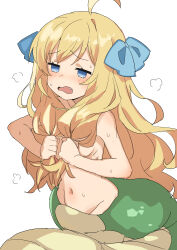 Rule 34 | 1girl, absurdres, ahoge, blonde hair, blue eyes, blush, breasts, fang, gazacy (dai), hair over breasts, highres, jashin-chan, jashin-chan dropkick, lamia, long hair, monster girl, navel, open mouth, simple background, sketch, small breasts, solo, sweat, wavy mouth, white background