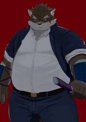 Rule 34 | 1boy, absurdres, alternate body size, animal ears, ao (9dtq0), bara, big belly, brown fur, bulge, cowboy shot, dog boy, dog ears, frown, furry, furry male, highres, holding, holding sword, holding weapon, looking ahead, male focus, moritaka (housamo), pants, pectorals, scar, scar on face, serious, solo, standing, sword, thick eyebrows, thick thighs, thighs, tokyo houkago summoners, weapon