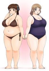 Rule 34 | 2girls, bikini, blue eyes, blush, bow, bra, breasts, brown eyes, brown hair, cleavage, eyebrows, fat, female focus, full body, hair bow, highres, holding hands, katou (katohayabusa), large breasts, light brown hair, looking at viewer, multiple girls, one-piece swimsuit, open mouth, original, panties, plump, ponytail, side-tie panties, smile, standing, swimsuit, thick thighs, thighs, underwear