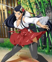 Rule 34 | 00s, 1girl, bamboo, black hair, black thighhighs, blue eyes, bow, breasts, cleavage, collarbone, flower, hair bow, hair flower, hair ornament, hakama, hakama short skirt, hakama skirt, holding, holding sword, holding weapon, horns, ikkitousen, japanese clothes, kakouen myousai, large breasts, long hair, looking at viewer, outdoors, red flower, skirt, solo, sword, thighhighs, weapon