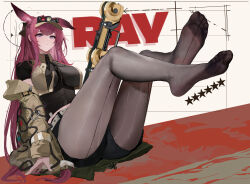 1girl absurdres animal_ears arknights black_shirt black_shorts breasts brown_jacket character_name chinese_commentary closed_mouth commentary_request feet full_body grey_pantyhose highres jacket large_breasts legs_up long_hair no_shoes off_shoulder pantyhose pink_hair purple_eyes ray_(arknights) sachuan shirt shorts sitting soles solo star_(symbol) visor_cap