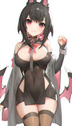 Rule 34 | 1girl, akizone, animal ear fluff, black hair, blush, breasts, brown thighhighs, buckle, cleavage, closed mouth, colored inner hair, covered navel, cowboy shot, detached sleeves, highres, large breasts, long hair, long sleeves, looking at viewer, low wings, multicolored hair, nail polish, neck ribbon, nia (akizone), original, pink hair, pink nails, pink ribbon, purple eyes, ribbon, sleeves past wrists, smile, solo, thighhighs, two-tone hair, wings, zettai ryouiki