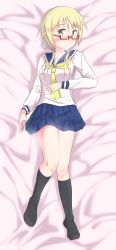 Rule 34 | 1girl, absurdres, black socks, blonde hair, blue skirt, blush, breasts, check commentary, commentary, commentary request, fabric, from above, full body, glasses, highres, ichii yui, looking at viewer, lying, medium breasts, miniskirt, on back, sailor collar, school uniform, serafuku, short hair, short twintails, skirt, socks, steam, sweat, thighs, turning head, twintails, yellow eyes, yuukin, yuyushiki