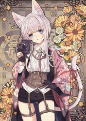 Rule 34 | 1girl, animal ear fluff, animal ears, belt, belt buckle, black shorts, brown belt, buckle, camera, cat ears, cat girl, cat tail, checkered background, collared shirt, commentary request, copyright request, corset, floral background, flower, grey hair, hand on own hip, holding, holding camera, kamui natsuki, long hair, long sleeves, neck ribbon, open clothes, orange flower, red ribbon, ribbon, shirt, short shorts, shorts, sidelocks, solo, star (symbol), tail, tail ornament, tail raised, tail ribbon, twitter username, white shirt, wide sleeves