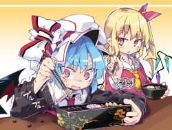 Rule 34 | 2girls, @ @, bat wings, bento, black sweater, black wings, blonde hair, blue hair, bowl, chopsticks, collared shirt, commentary request, crystal, flandre scarlet, food, hair ribbon, hat, hat ribbon, holding, holding bowl, holding chopsticks, leaning forward, long sleeves, mob cap, multiple girls, necktie, no headwear, noya makoto, one side up, pointy ears, red eyes, red neckwear, red ribbon, remilia scarlet, ribbon, shirt, siblings, sisters, slit pupils, sweater, touhou, translation request, trembling, upper body, white hat, white shirt, wing collar, wings, yellow neckwear