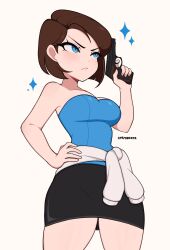 Rule 34 | 1girl, bare shoulders, blue eyes, breasts, brown hair, clothes around waist, cremanata, gun, hand on own hip, highres, jill valentine, large breasts, resident evil, resident evil 3: nemesis, short hair, skirt, sweater, sweater around waist, weapon