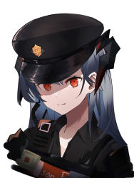 Rule 34 | 1girl, absurdres, arknights, black hat, black shirt, closed mouth, collared shirt, commentary, dragon horns, english commentary, expressionless, hat, highres, horns, long hair, looking at viewer, official alternate costume, oni22, orange eyes, police hat, saria (arknights), saria (the law) (arknights), shirt, silver hair, simple background, solo, upper body, walkie-talkie, white background