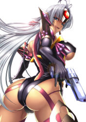 Rule 34 | 00s, 1girl, antenna hair, armor, ass, black gloves, blue eyes, boots, breasts, crotch seam, cyborg, dark skin, dark-skinned female, eyelashes, finger on trigger, garter straps, gloves, gun, handgun, headband, holding, holding gun, holding weapon, large breasts, lens flare, leotard, licking lips, long hair, looking at viewer, looking back, silver hair, simple background, solo, syunzou, t-elos, thigh boots, thighhighs, tongue, tongue out, underboob, weapon, white background, xenosaga