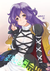 Rule 34 | 1girl, breasts, brown hair, cape, cowboy shot, cross-laced clothes, dated, dress, fingernails, gradient background, gradient hair, hand in own hair, hijiri byakuren, juliet sleeves, kei jiei, large breasts, layered dress, long hair, long sleeves, looking to the side, multicolored hair, puffy lips, puffy sleeves, purple hair, smile, solo, sorcerer&#039;s sutra scroll, touhou, turtleneck, turtleneck dress, twirling hair, white dress, yellow eyes