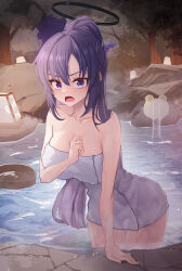 Rule 34 | 1girl, absurdres, blue archive, blue eyes, blush, breasts, collarbone, cowboy shot, hair between eyes, halo, hidel, highres, large breasts, long hair, mechanical halo, naked towel, onsen, open mouth, outdoors, partially submerged, ponytail, purple hair, rock, solo, towel, tree, water, white towel, yuuka (blue archive)