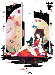 Rule 34 | 1girl, ascot, barefoot, black hair, blush, bow, detached sleeves, fish, hair bow, hair tubes, hakurei reimu, highres, ideolo, long hair, looking at viewer, nail polish, red eyes, reflection, revision, simple background, sitting, smile, solo, touhou, white background