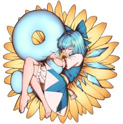 Rule 34 | circled 9, 1girl, barefoot, blue dress, blue hair, blue ribbon, bow, cirno, dress, closed eyes, flower, hair bow, highres, hug, ice, ice wings, mefomefo, hugging object, puffy short sleeves, puffy sleeves, ribbon, shirt, short hair, short sleeves, solo, sunflower, touhou, white shirt, wings
