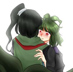Rule 34 | 2others, adagumo no saragimaru, adagumo no yaorochi, alternate universe, androgynous, black hair, blunt bangs, blush, cape, coat, collar, collared capelet, crying, crying with eyes open, earthen miraculous sword, from behind, green coat, green hair, green scarf, hair ornament, height difference, hug, japanese clothes, len&#039;en, len'en, long hair, looking at another, m40u, multiple others, multiple tails, one side up, open mouth, ponytail holder, purple cape, red eyes, red scarf, scarf, short hair, short ponytail, siblings, side ponytail, sleeveless, sleeveless coat, snake hair ornament, snake tail, tail, tears, teeth, upper body, white background, white collar, white headwear