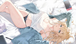 Rule 34 | 1girl, absurdres, black panties, blonde hair, blue eyes, blue jacket, breasts, camisole, cleavage, commentary request, fang qiao, handheld game console, highres, jacket, large breasts, long sleeves, looking at viewer, lying, navel, nintendo switch, on back, original, panties, solo, sweat, thighs, underwear, white camisole