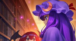 Rule 34 | 2girls, blunt bangs, blurry, blurry background, bookshelf, closed mouth, commentary request, crescent, crescent hat ornament, double bun, expressionless, foreshortening, hair bun, hat, hat ornament, hat ribbon, head wings, highres, indoors, koakuma, library, light particles, long hair, mob cap, multiple girls, ogata tank, patchouli knowledge, peeking out, portrait, profile, purple eyes, purple hair, purple headwear, red eyes, red hair, red ribbon, ribbon, touhou, voile, wings