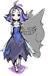 Rule 34 | 1girl, :3, acerola (pokemon), antenna hair, armlet, arms behind back, closed mouth, collarbone, creatures (company), dress, elite four, flipped hair, full body, game freak, gen 1 pokemon, gengar, hair ornament, half updo, highres, looking at viewer, nintendo, pokemon, pokemon (creature), pokemon sm, purple dress, purple eyes, purple hair, sandals, shadow, short hair, short sleeves, signature, simple background, smile, solo, spoilers, standing, topknot, torn clothes, torn dress, trial captain, tsukikage muntosu, white background