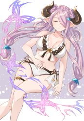 Rule 34 | 10s, 1girl, alternate costume, bare arms, bare legs, bikini, breasts, cleavage, demon horns, draph, closed eyes, front-tie bikini top, front-tie top, gen (gen 7254), granblue fantasy, hair ornament, hair over one eye, hand on own stomach, highres, horns, large breasts, light purple hair, long hair, low twintails, narmaya (granblue fantasy), narmaya (summer) (granblue fantasy), navel, parted lips, pointy ears, solo, swimsuit, thigh strap, thighs, twintails, white bikini