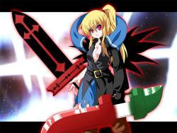 Rule 34 | 1girl, advent cirno, belt, black wings, blonde hair, breasts, cirno, cleavage, dual wielding, embodiment of scarlet devil, ex-rumia, fal (falketto), falketto, fusion, holding, long hair, ponytail, red eyes, rumia, slit pupils, sword, touhou, weapon, wings