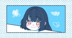 Rule 34 | 1girl, artist request, black hair, blue background, blue theme, blush, chinese commentary, closed mouth, commentary request, head on table, heart, heart-shaped pupils, long hair, looking at viewer, original, polka dot, polka dot background, symbol-shaped pupils, upper body