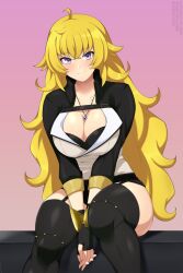 Rule 34 | 1girl, ahoge, black garter straps, black gloves, black thighhighs, blonde hair, breasts, chest belt, cleavage, closed mouth, commentary, english commentary, fingerless gloves, garter straps, gloves, highres, jewelry, large breasts, lindaroze, long hair, looking at viewer, own hands together, pendant, pink background, purple eyes, rwby, sitting, smile, solo, thick thighs, thighhighs, thighs, vambraces, very long hair, wavy hair, yang xiao long