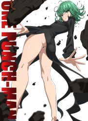 Rule 34 | 1girl, ass, black dress, commentary request, curly hair, dress, from behind, from below, green eyes, green hair, loliconder, looking at viewer, looking back, matching hair/eyes, no panties, one-punch man, pelvic curtain, short hair, side slit, solo, tatsumaki, telekinesis
